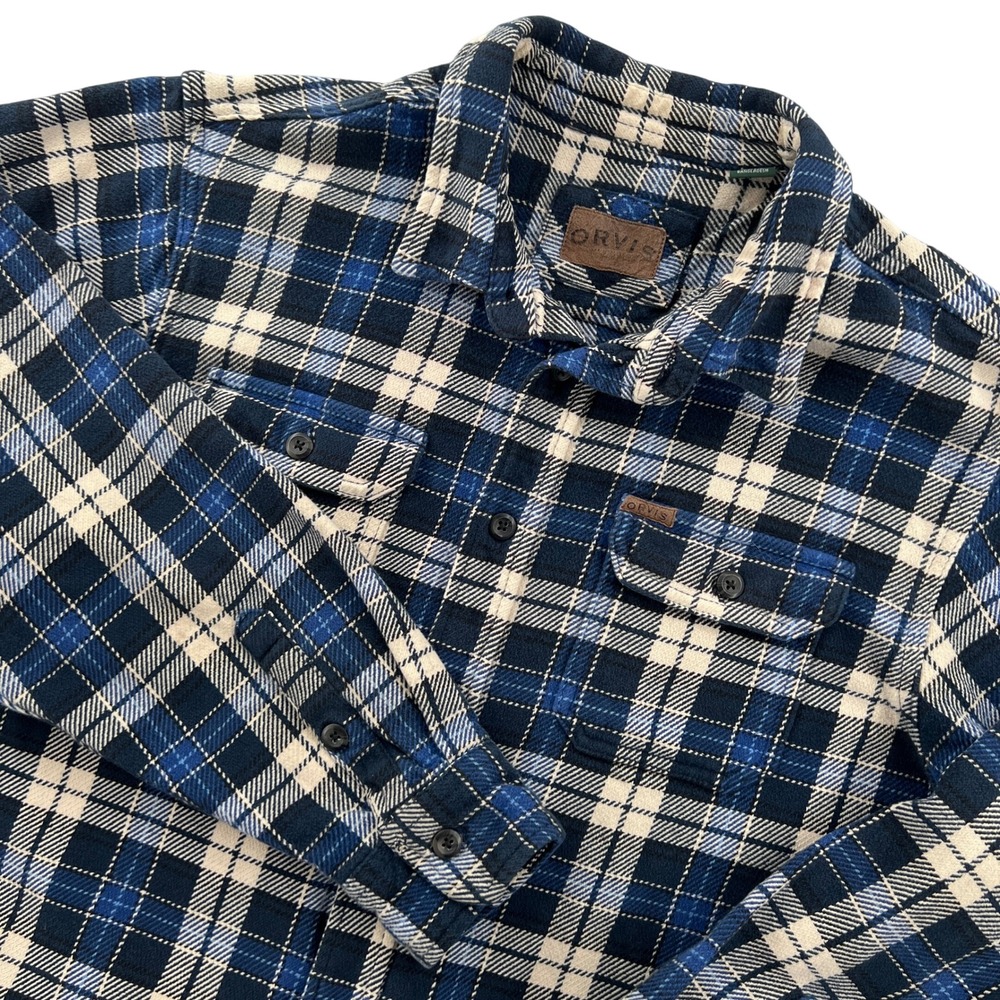 Orvis Flannel Heavyweight Shirt Jacket Men XL Blue Plaid Cotton Pockets Heritage